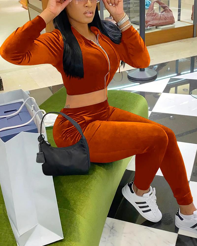 

Solid Color Velvet Long Sleeve Skinny Cropped Pant Sets, Yellow