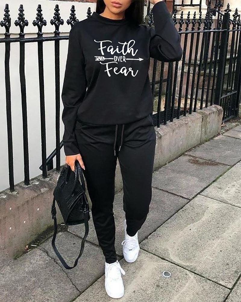 

Letter Print Long Sleeve Sweatshirt & Pocket Design Pants Set, Black