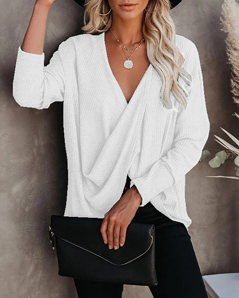 

V Neck Long Sleeve Ruched Casual Top, White