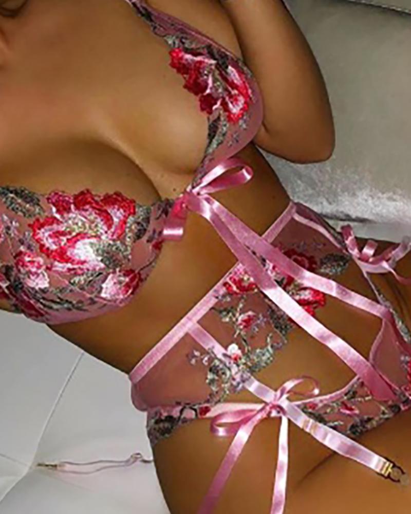 

Floral Embroidery Sheer Mesh Bowknot Design Garter Lingerie Set, Pink