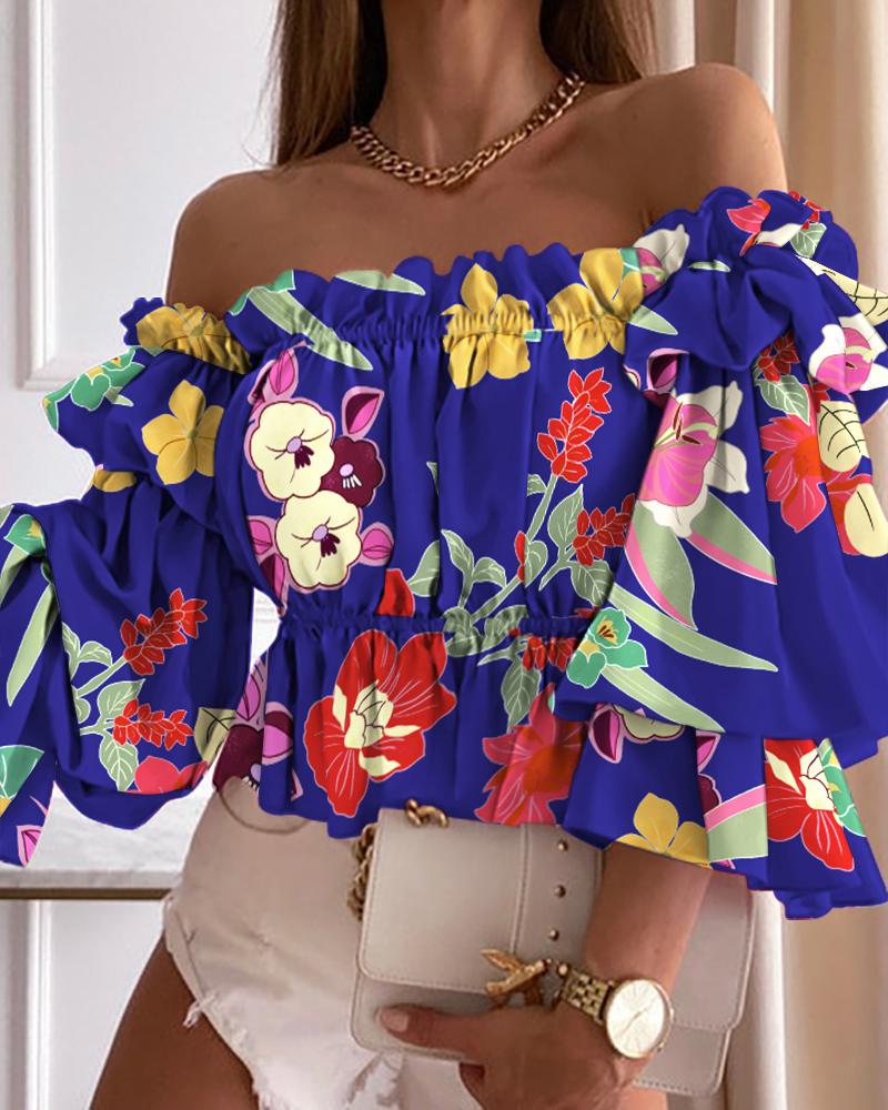 

Floral Print Off Shoulder Peplum Top, Blue