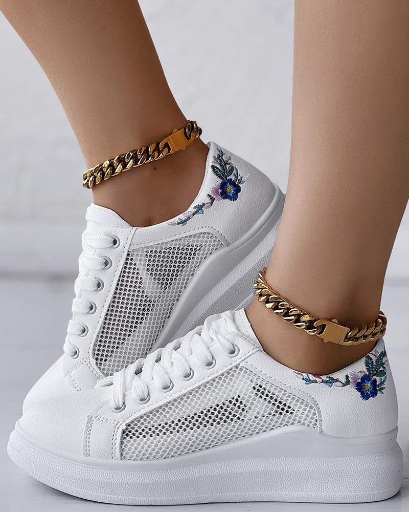 

Floral Embroidery Hollow Out Platform Casual Sneakers, Blue&white