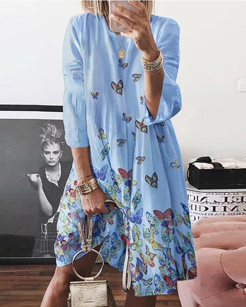 

Butterfly Print Long Sleeve Casual Dress, Blue