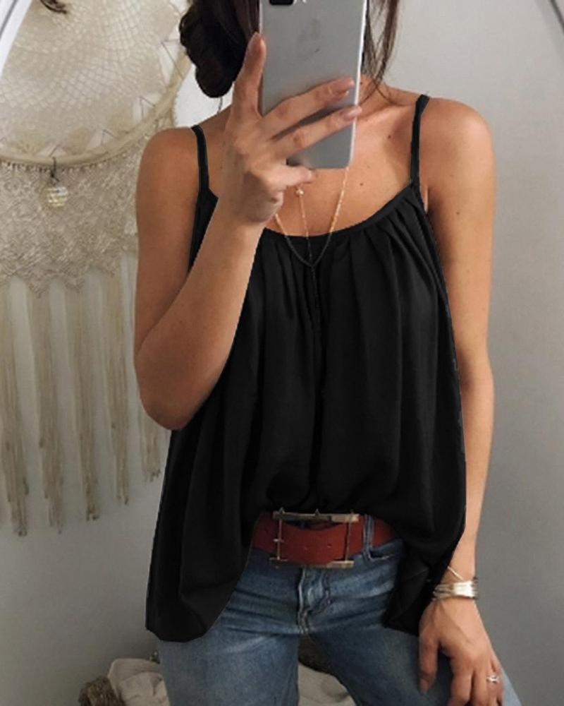 

Spaghetti Strap U-Neck Ruched Casual Top, Black