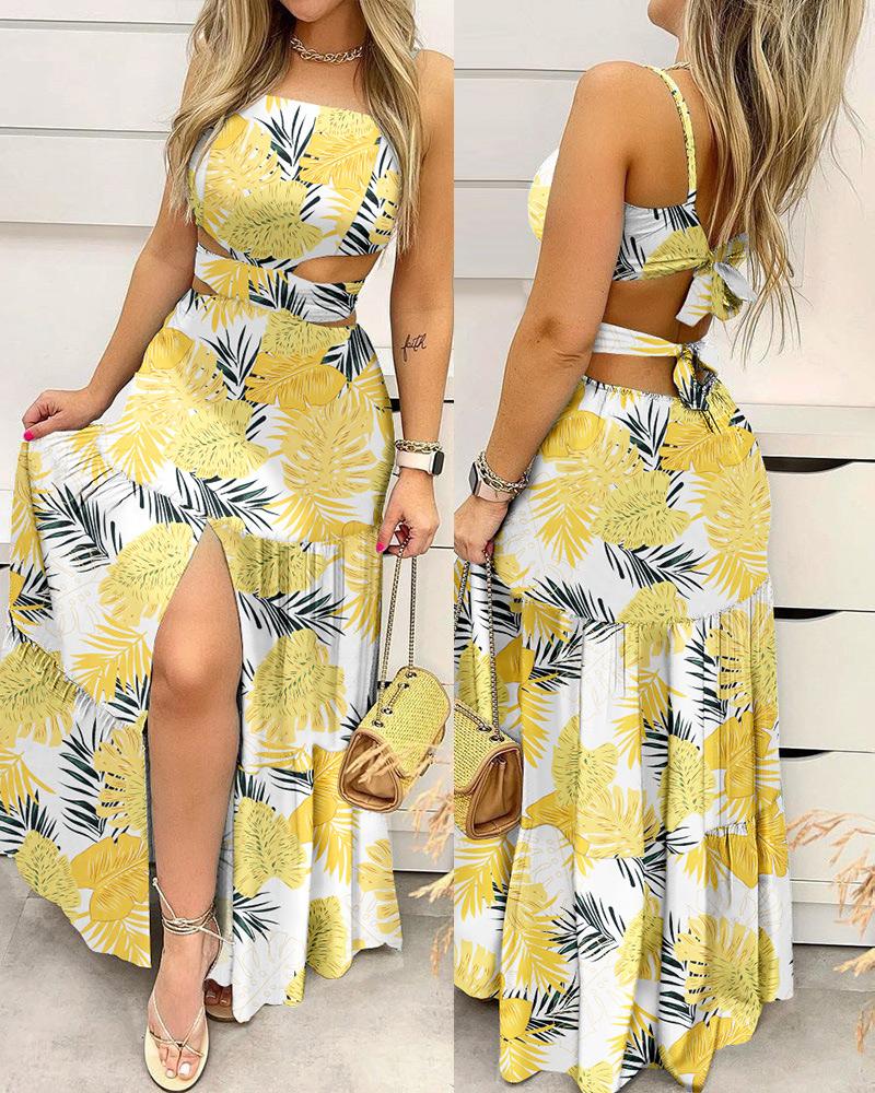 

Tropical Print Backless Split Thigh Maxi Dress, Yellow