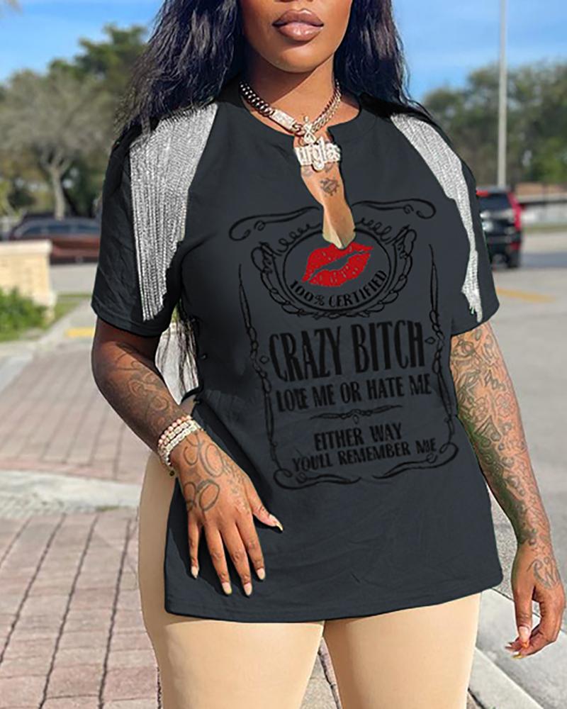 

Lip Letter Print Tassel Design Slit T-shirt, Gray