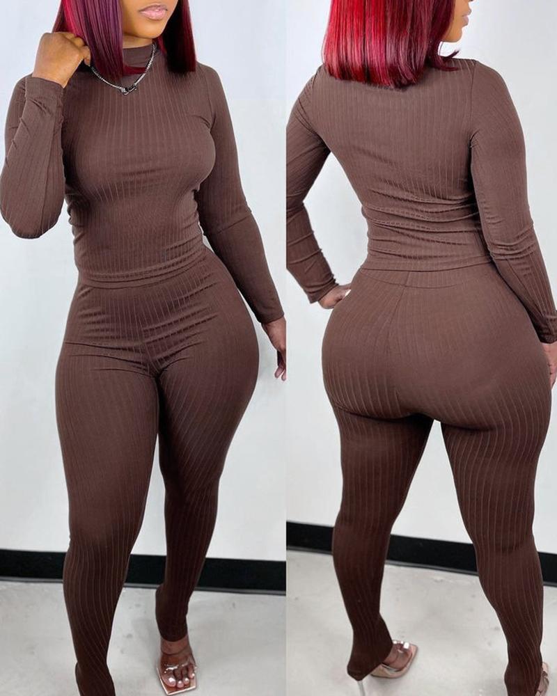 

Ribbed Long Sleeve Top & High Waist Pants Set, Brown