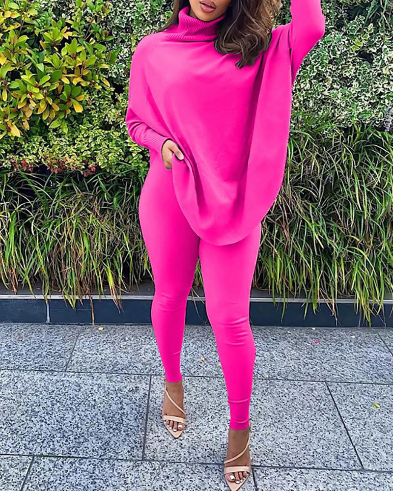 

Plain Batwing Sleeve Top & Skinny Pants Set, Hot pink