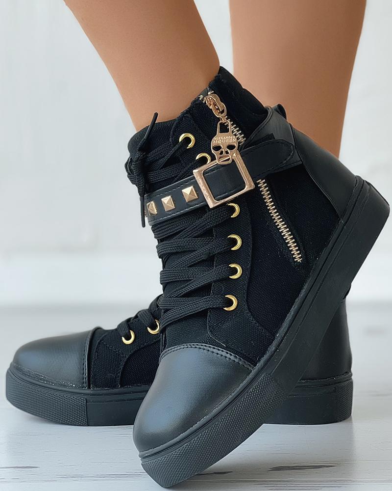 

Eyelet Lace-up Studded High Top Canvas Shoes, Black