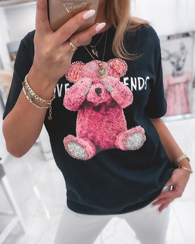 

Letter Bear Print Half Sleeve Casual T-shirt, Black