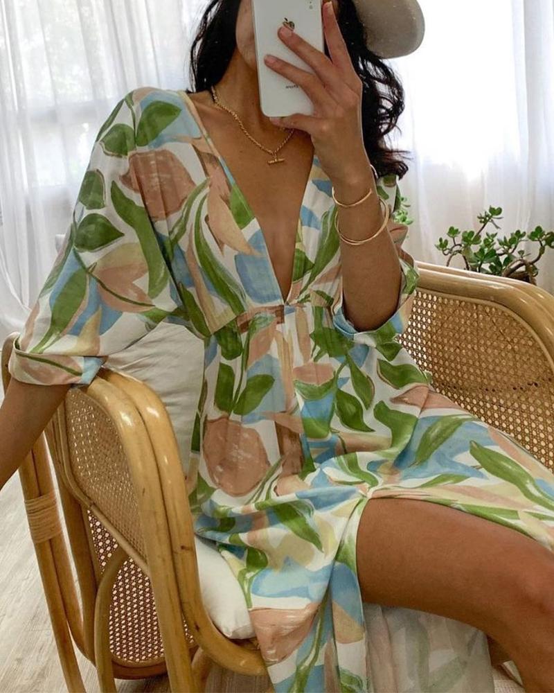 

Floral Print Half Sleeve Loose Slit Mini Dress, Multicolor