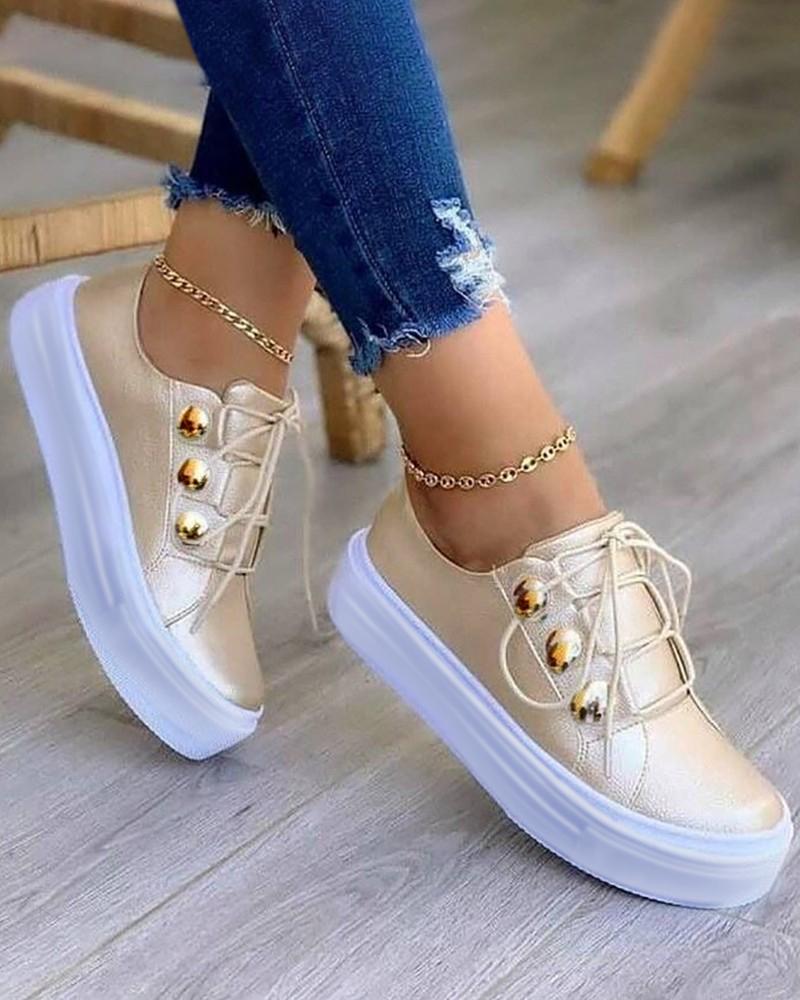 Button Decor Lace-up Sneakers