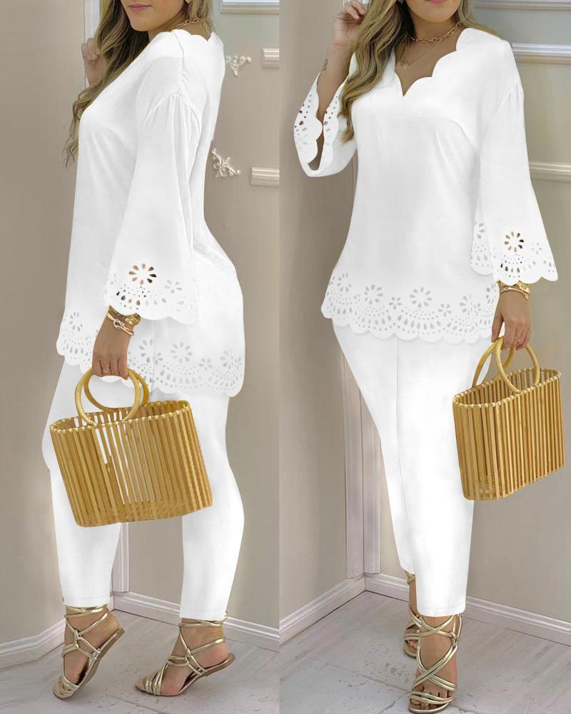 

Hollow Out Scallop Trim Bell Sleeve Top & Pants Set, White