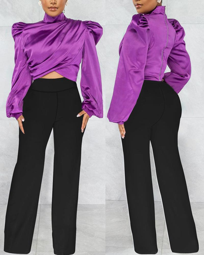 

Puff Sleeve Ruched Top & Wide Leg Pants Set, Purple