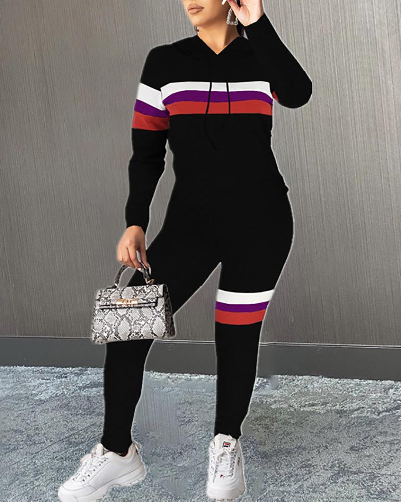 

Striped Print Colorblock Hooded Sweatshirt & Pants Set, Black