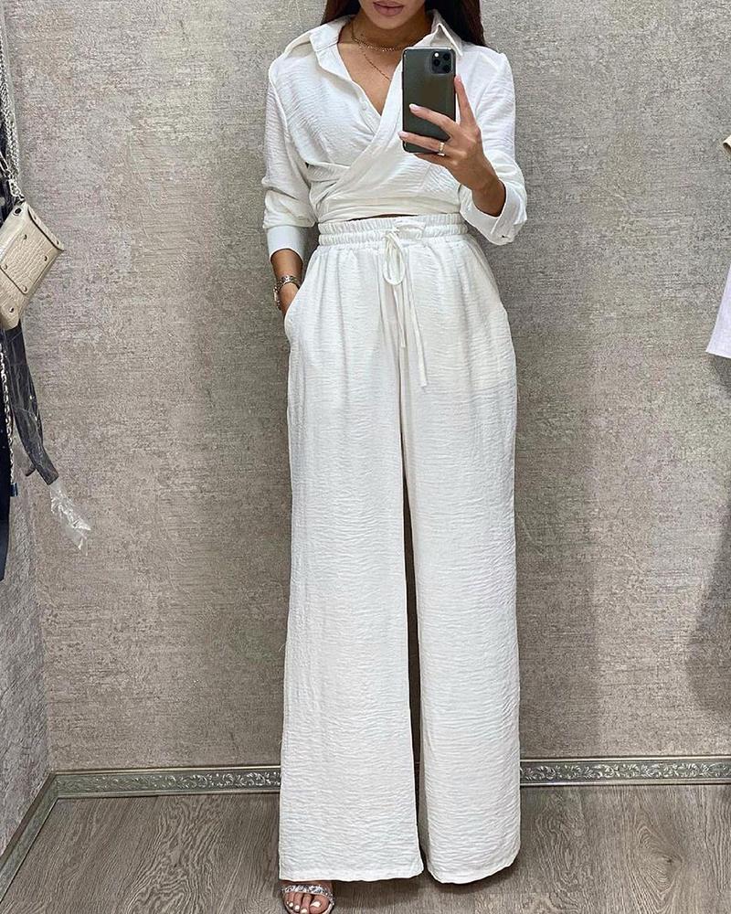 

Button Design Top & Wide Leg Drawstring Pants Set, White