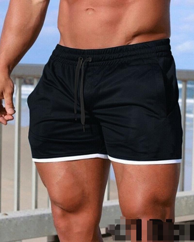 

Solid Color Drawstring Sport Short Pants, Black
