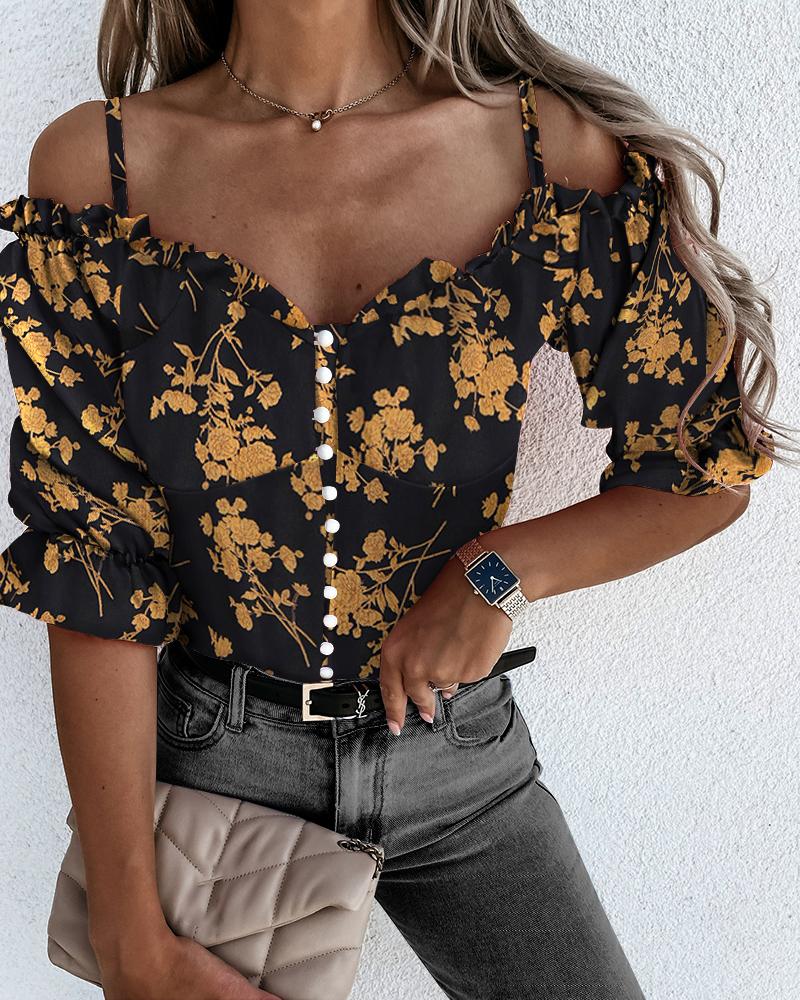 

Cold Shoulder Floral Print Button Front Blouse, Black