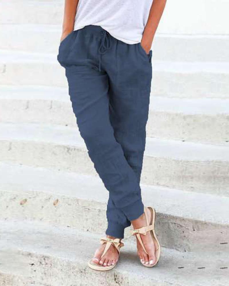 

Pocket Detail Drawstring Casual Pants, Blue