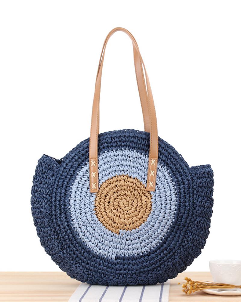 

Colorblock Top Handle Straw Bag, Blue