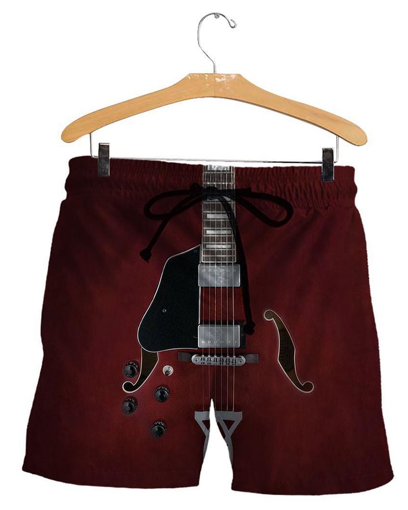

3D Guitar Print Drawstring Loose Beach Short Pants, Multicolor