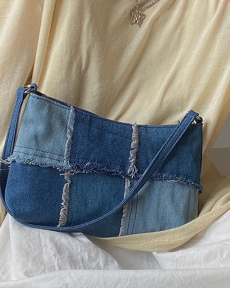 

Fringe Hem Patch Denim Shoulder Bag, Blue