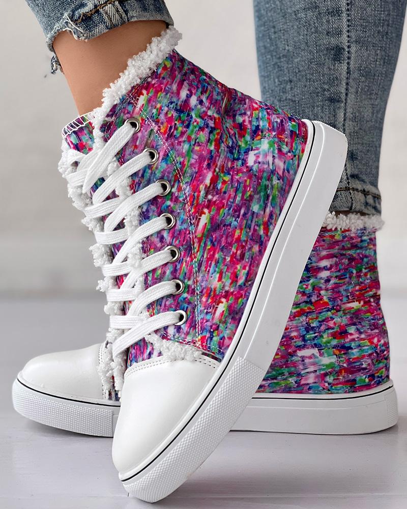 Abstract Print Lace-up Lined Sneakers