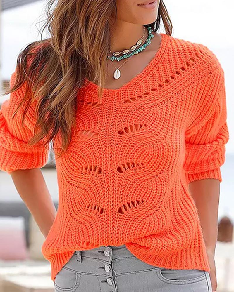 

V-Neck Long Sleeve Hollow Out Knit Sweater, Orange