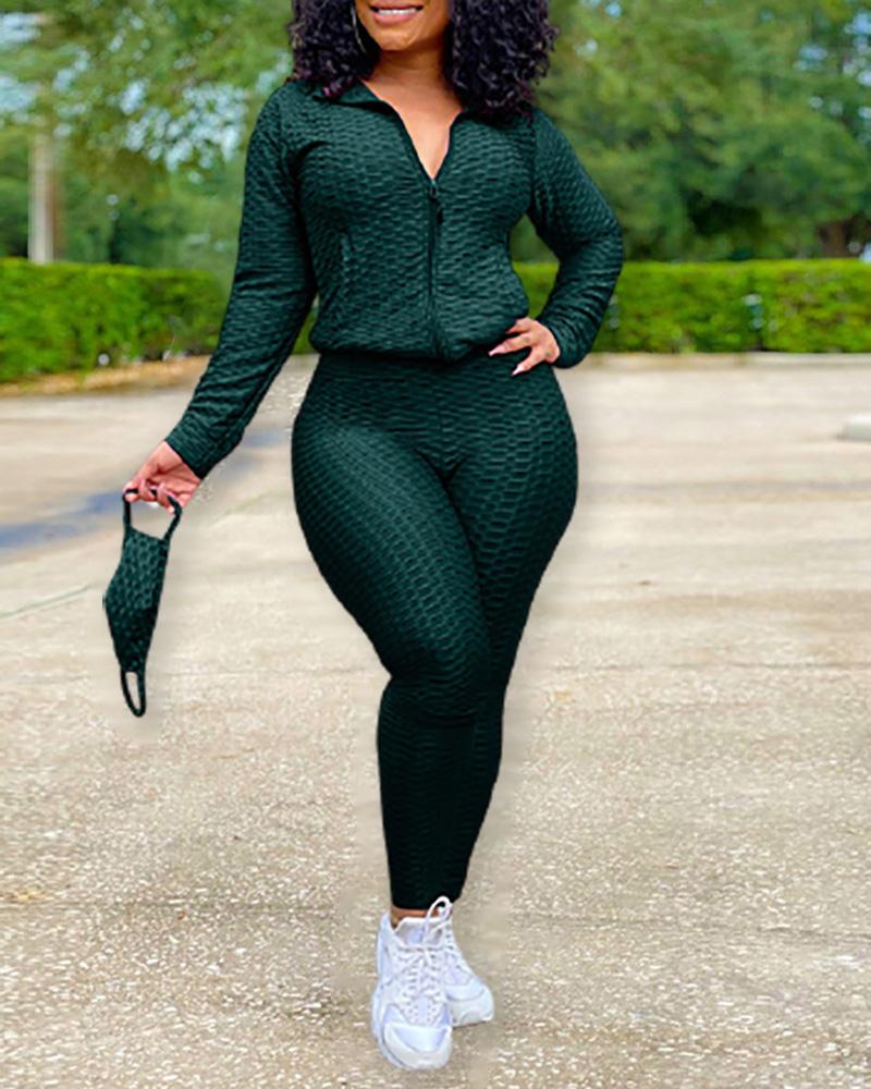 

Zipper Design Long Sleeve Women Top & High Waist Pants Set, Dark green