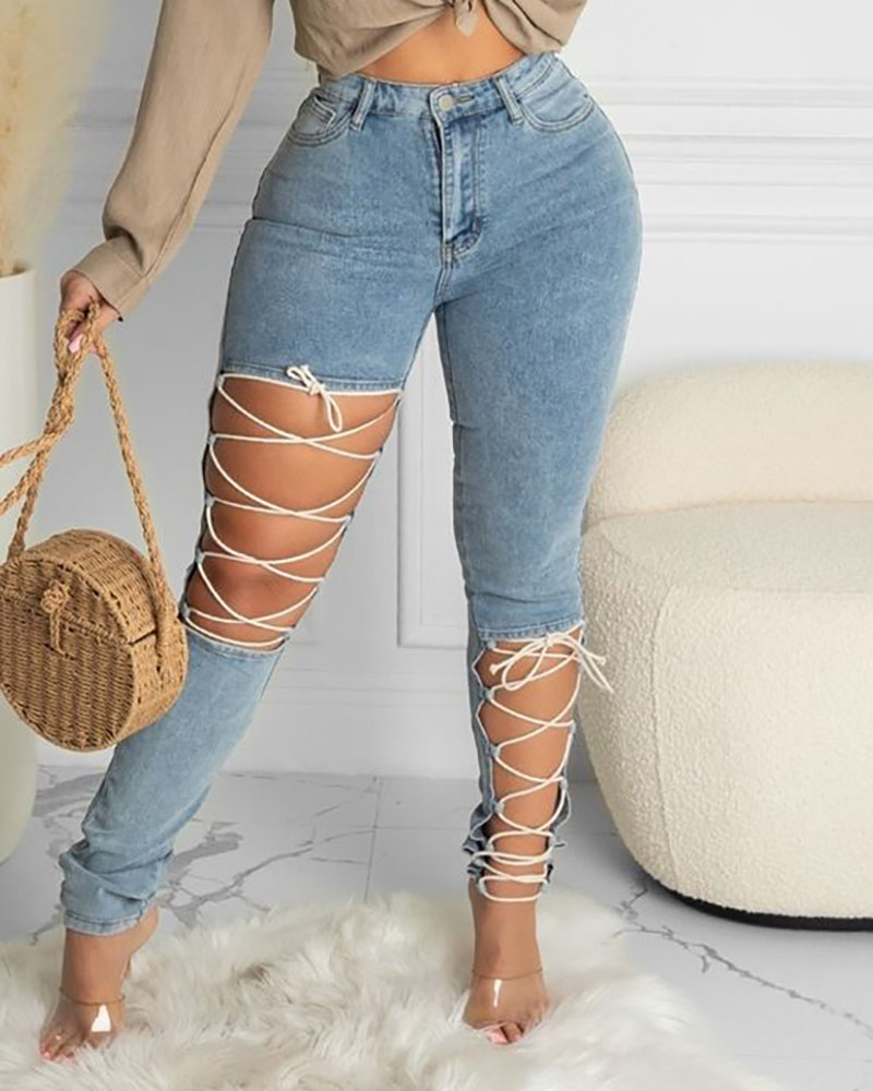 

Lace-up Cutout Single Button High Waist Jeans, Blue