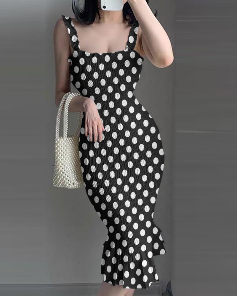 

Polkadot Print Shirring Detail Mermaid Dress, Black