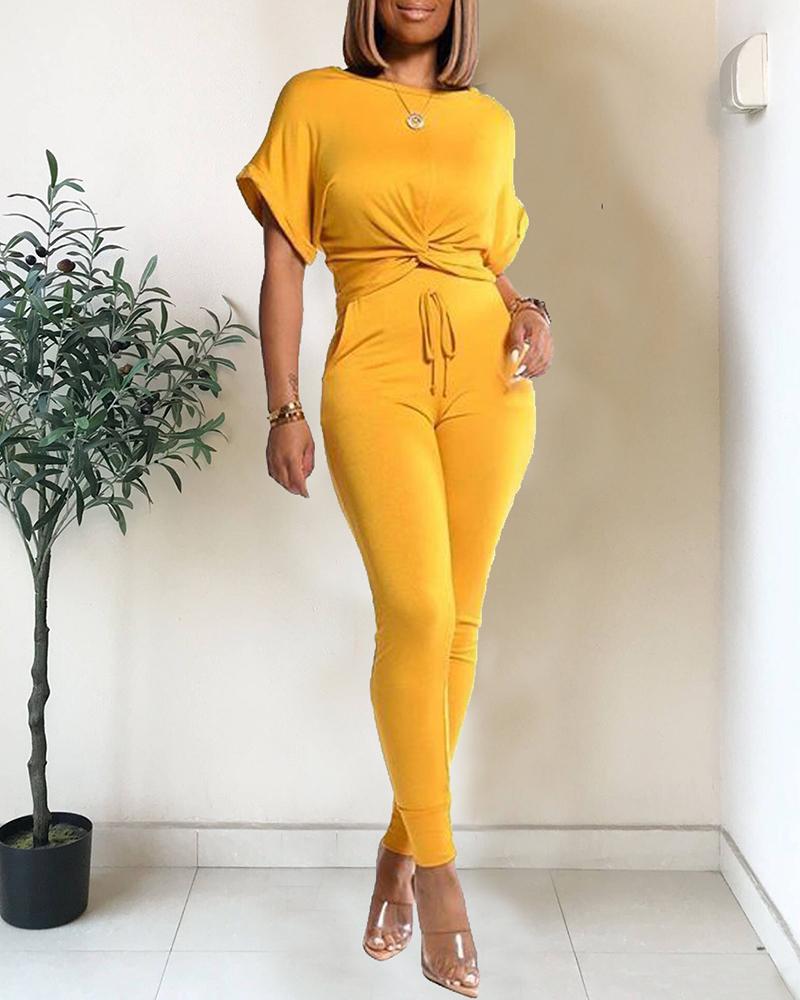 

Solid Twisted Casual Top & Drawstring Pant Set, Yellow