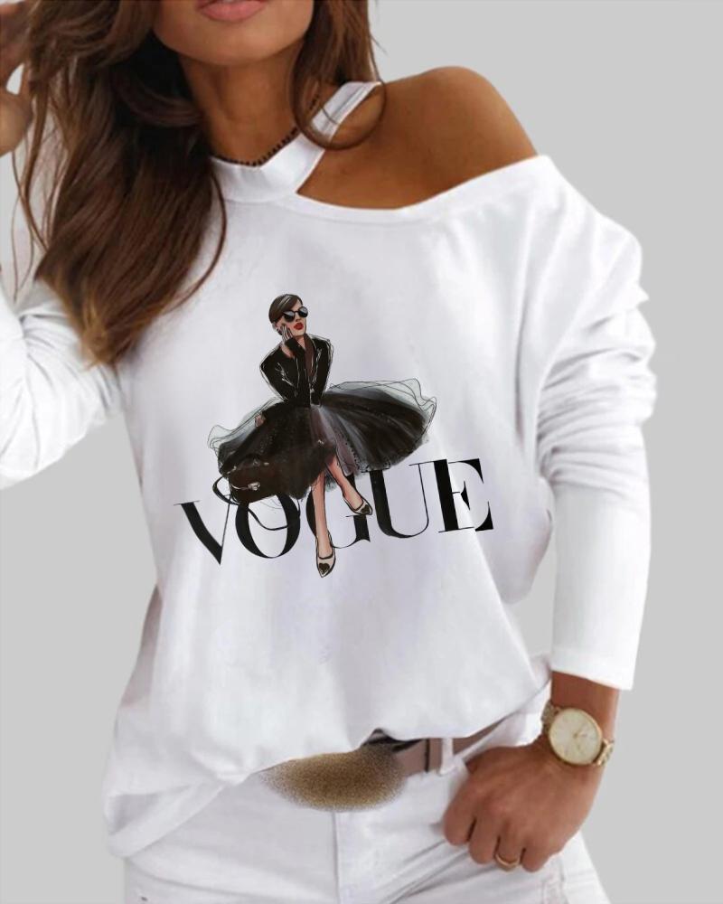 

Letter Figure Print Cold Shoulder Top, White