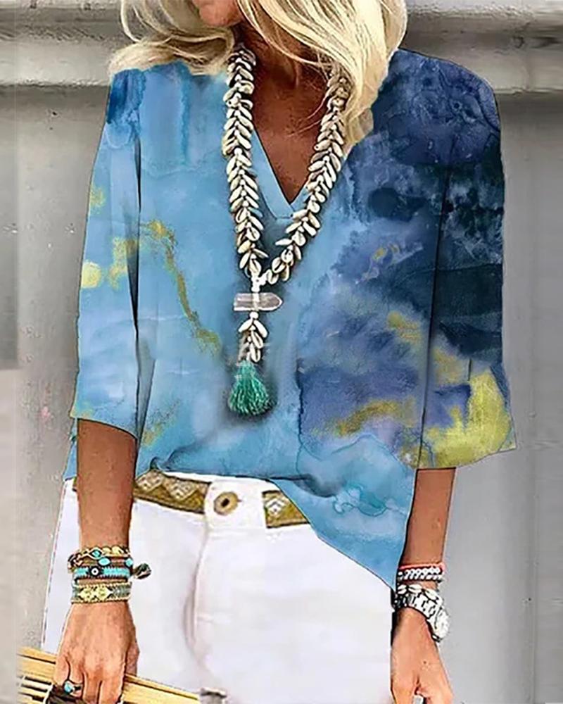 

Marble Print V-Neck Casual Top, Blue
