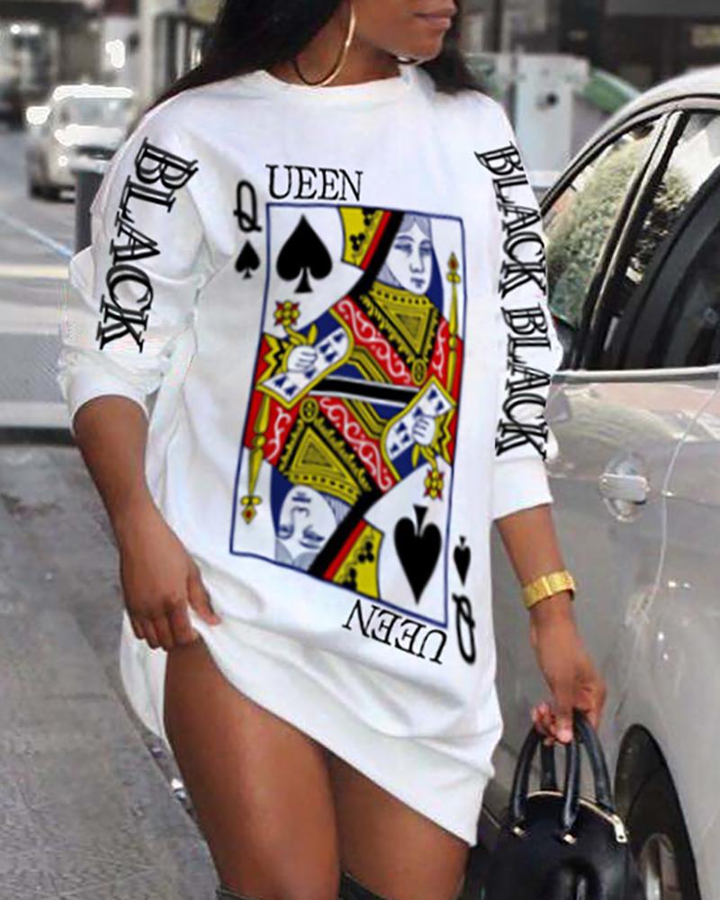 

Plus Size Poker Print Long Sleeve Casual Dress, White