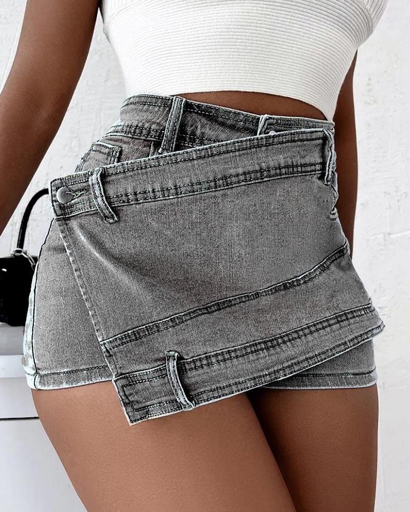

Asymmetrical Wrap Denim Skorts, Gray