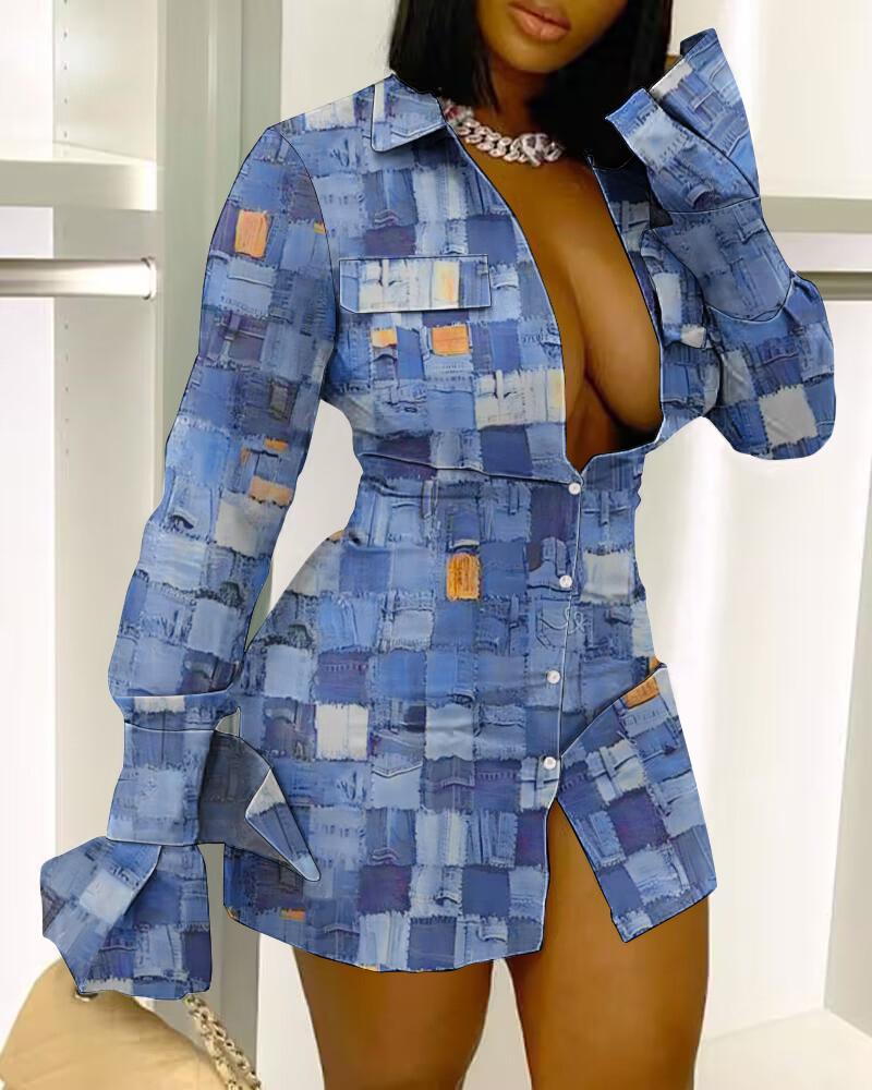 

Denim Look Print Long Sleeve Button Down Shirt Dress, Blue