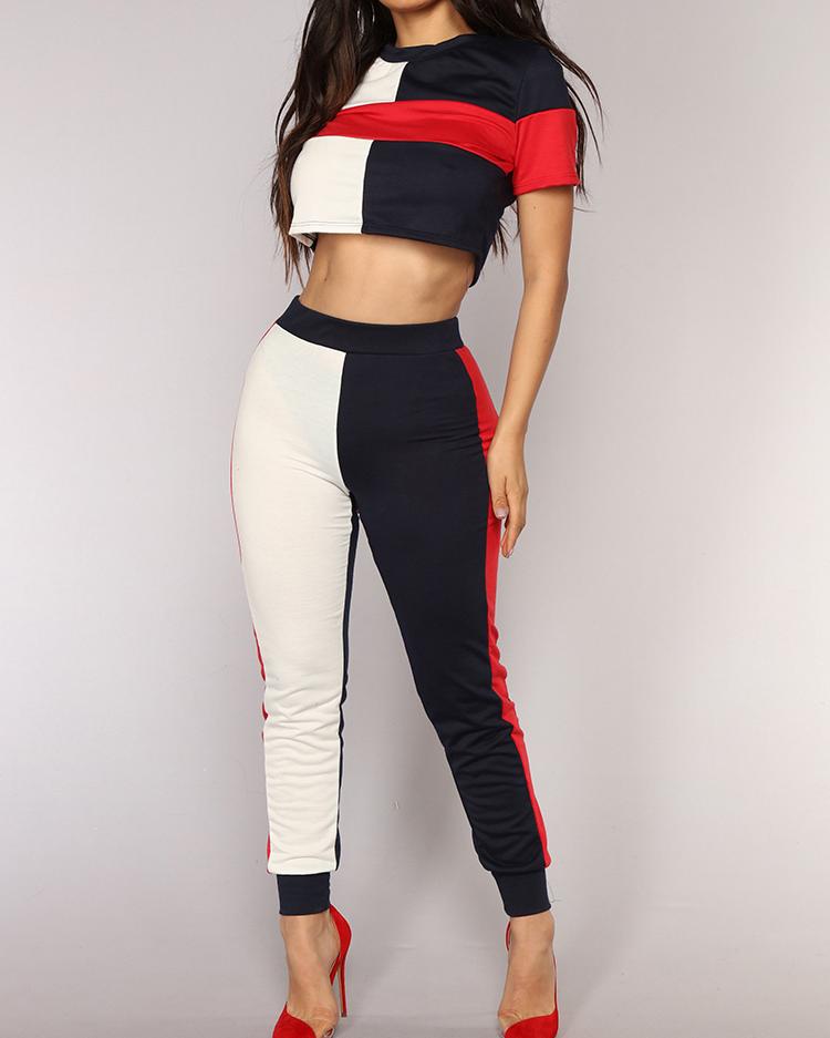 

Stylish Color Block Cropped Tees & Pants Set, Multicolor