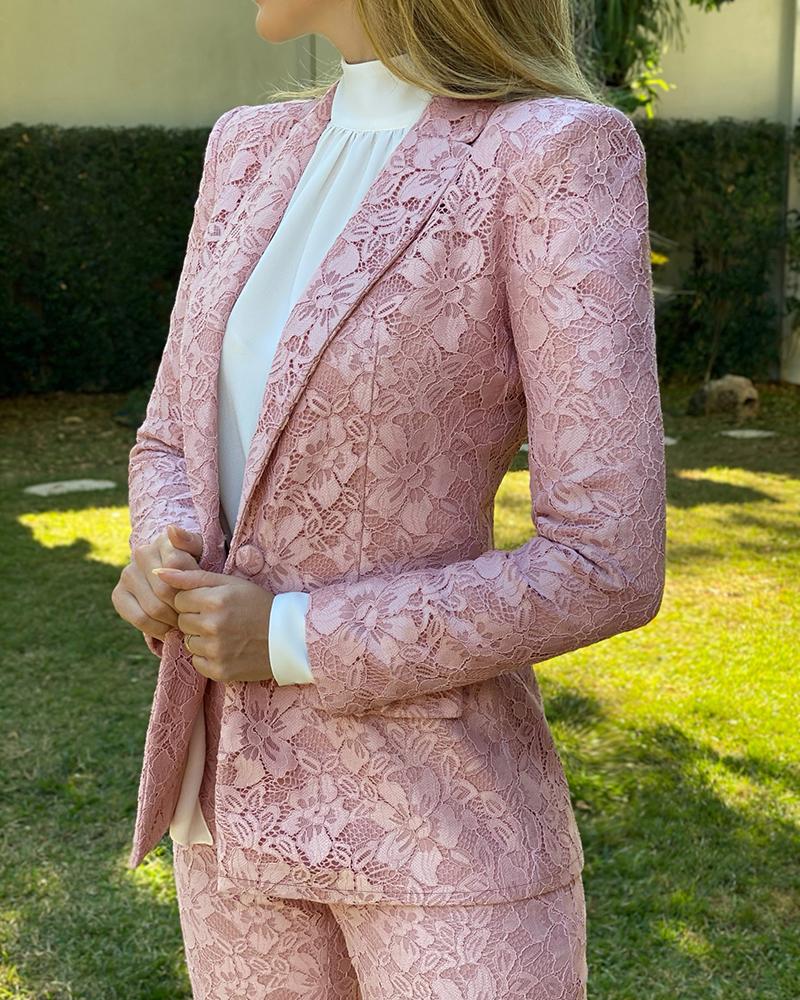 

Crochet Lace Long Sleeve Blazer Coat, Pink