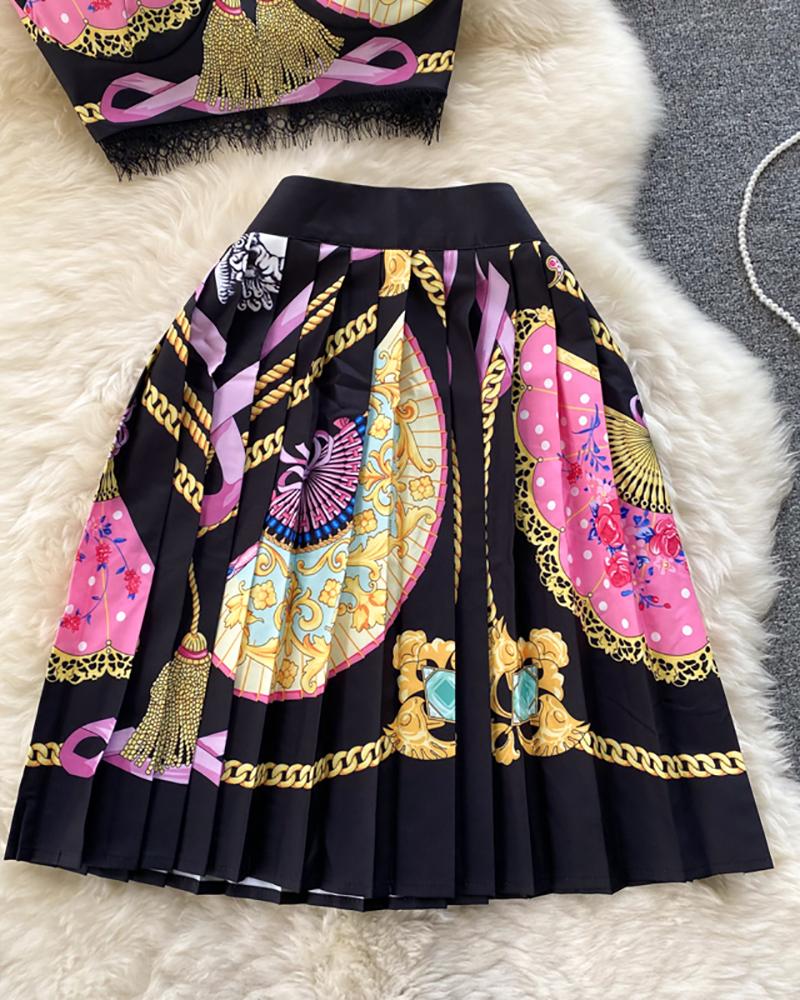 

Crochet Lace Baroque Print Tank Top & Pleated Skirt Set, Black