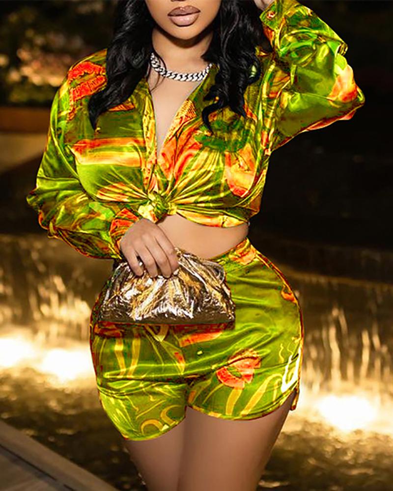 

Allover Print Tied Detail Long Sleeve Top & Shorts Set, Yellow