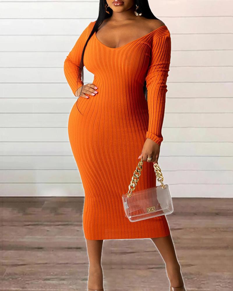

Long Sleeve V Neck Bodycon Dress, Orange