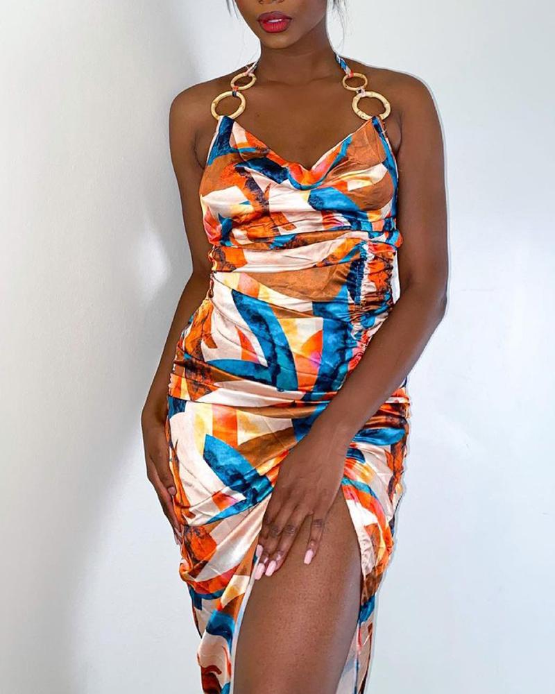 

Abstract Print Halter O-Ring Detail Slit Ruched Dress, Multicolor