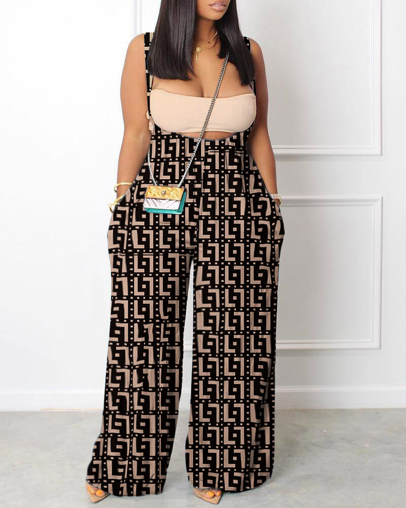 

Geometric Print Wide Leg Suspender Jumpsuit, Khaki