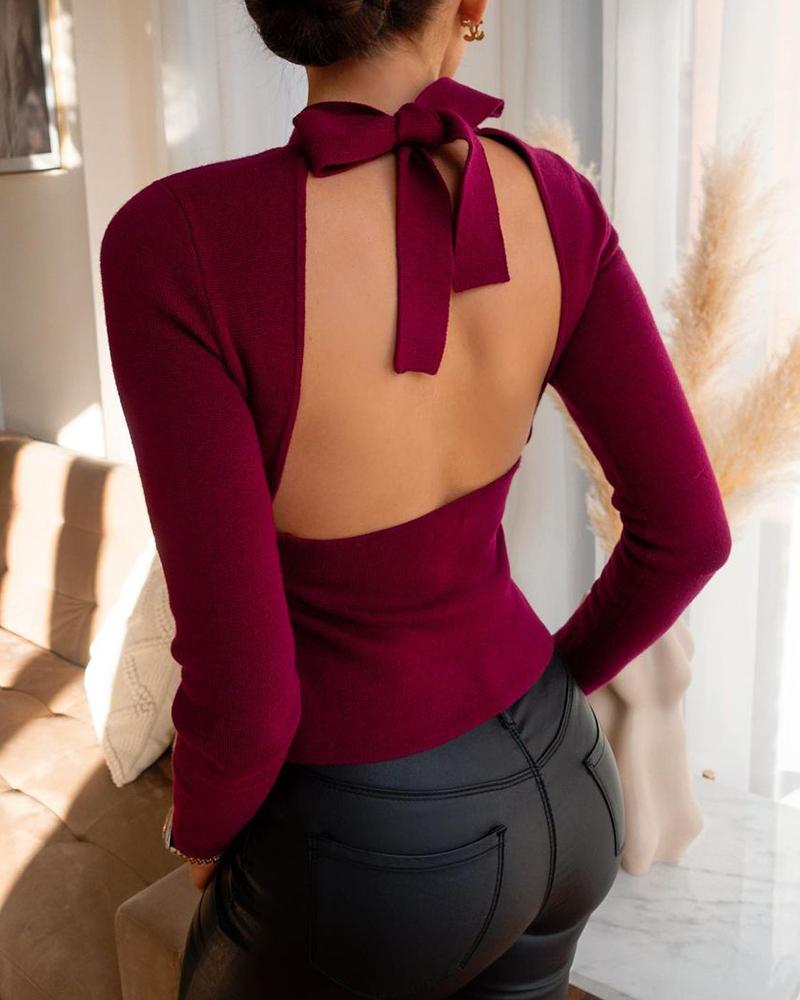 

Plain Cutout Backless Long Sleeve Top, Wine red