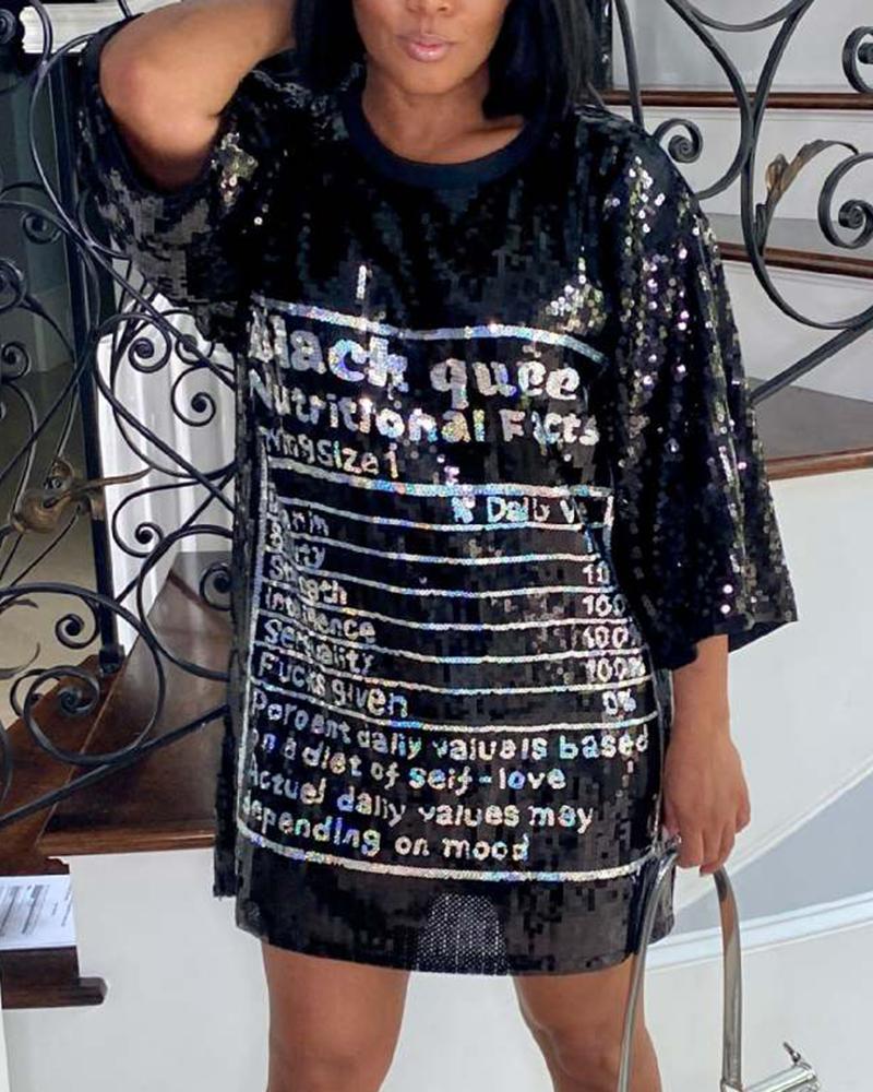 

Graphic Letter Pattern Round Neck Sequin Dress, Black