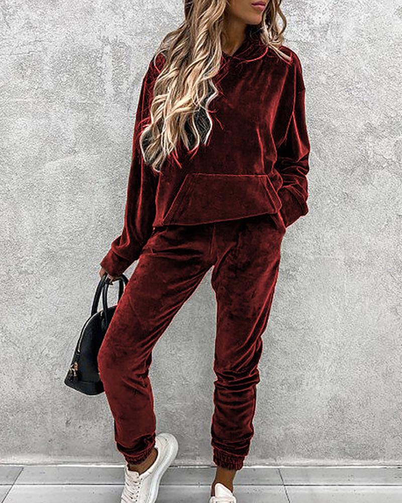 

Pocket Design Long Sleeve Flannel Hooded Top & Pants Set, Wine red