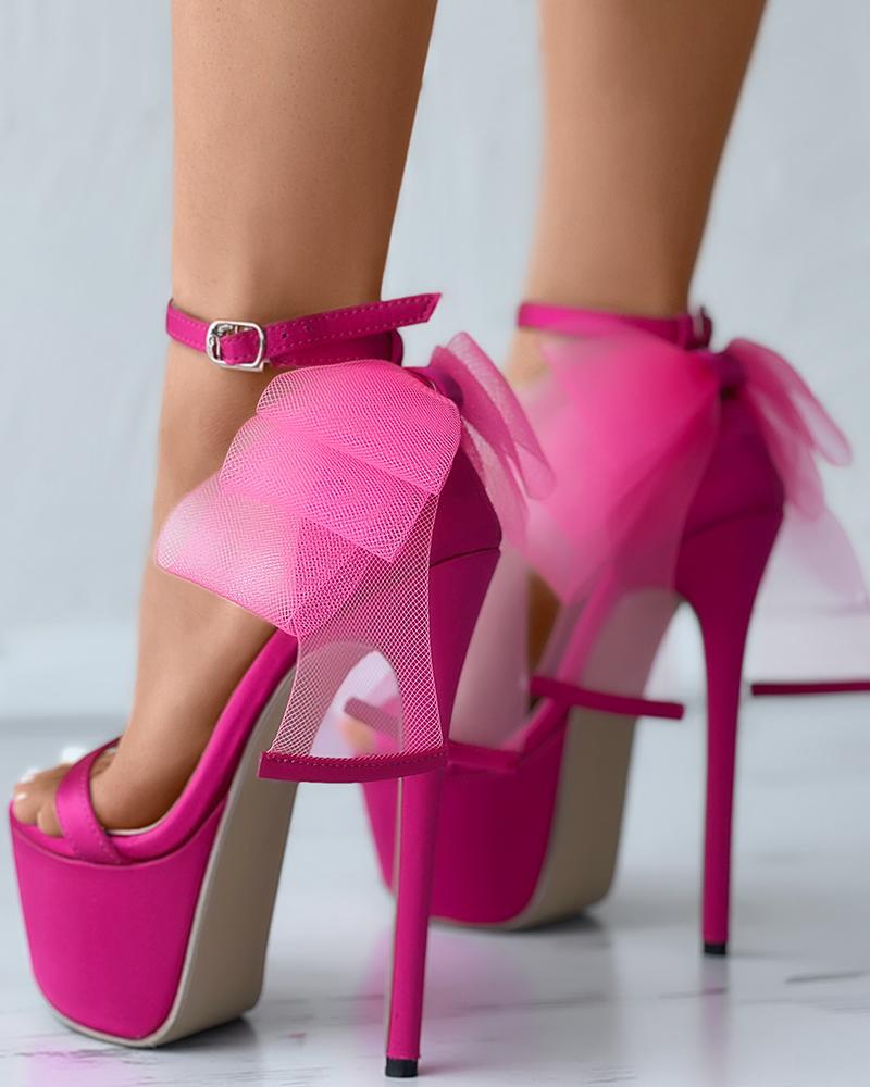 

Bowknot Decor Mesh Stiletto Heels, Hot pink