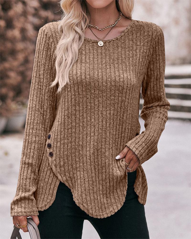 

Asymmetrical Side Button Ribbed Top, Khaki