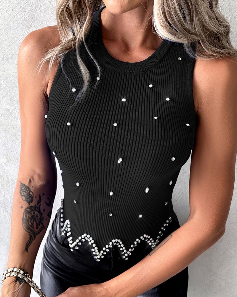 

Studded Asymmetrical Hem Knit Tank Sweater, Black